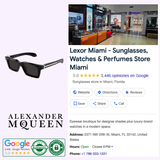 Collage featuring Alexander McQueen Sunglasses SKULL AM0506S-001 50 (UPC 889652550381) with bold luxury branding, a prominent Alexander McQueen logo, Google reviews, an exterior photo of the Lexor Miami store, and key store details including address, phone number, and a 5-star Google rating.