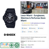 The CASIO G-Shock Watch ANALOG-DIGITAL GAS100B-1A by G-Shock Watches is showcased in the Lexor Miami store interior, displayed alongside sunglasses and other watches. For your convenience, Google rating, hours, phone number, and address details are provided.