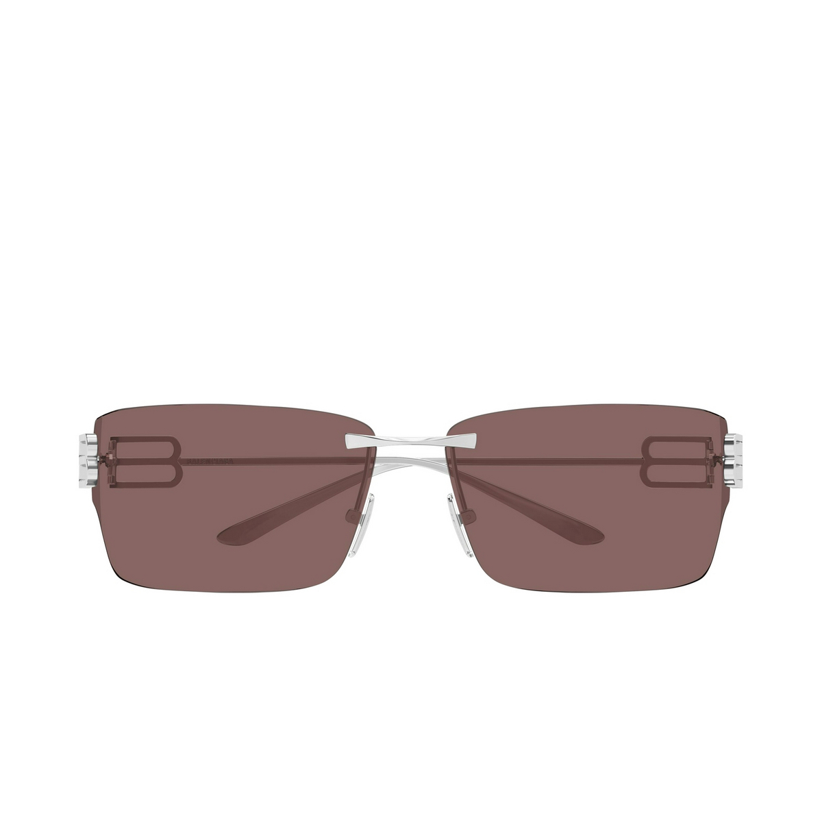 The Balenciaga Sunglasses BB0485SA-002 76 feature a rectangular frame with brown-tinted lenses and slim silver metal bridge and arms, shown front-facing on a white background—a striking designer accessory.