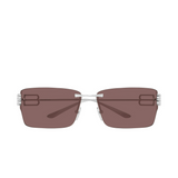 The Balenciaga Sunglasses BB0485SA-002 76 feature a rectangular frame with brown-tinted lenses and slim silver metal bridge and arms, shown front-facing on a white background—a striking designer accessory.