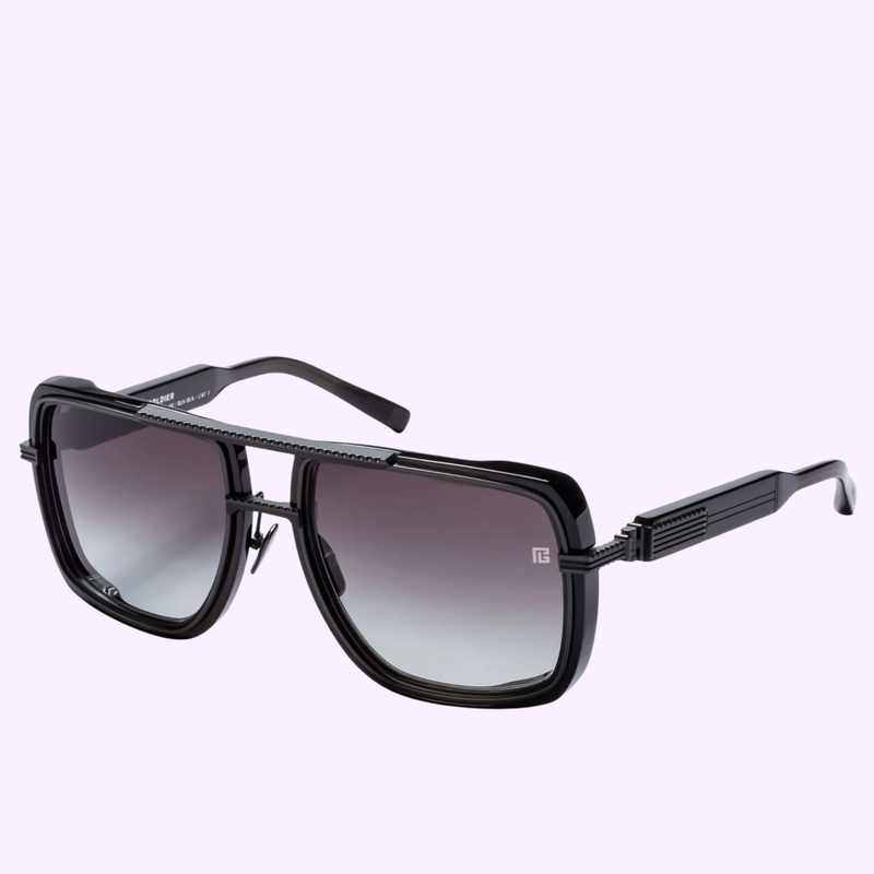Balmain Soldier BPS-160B-59 black aviator sunglasses front view with smoke PB-engraved lenses