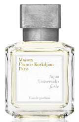 A clear glass bottle with a metallic square cap, labeled Maison Francis Kurkdjian Aqua Universalis Forte 2.4 oz EDP Women Perfume by Maison Francis Kurkdjian Paris Perfumes, features gold and gray text on a white background.