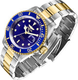 The Invicta Men's 26972 Pro Diver Quartz 3 H by Invicta Watches features a silver and gold stainless steel design, blue face, gold bezel, and luminous markers, displayed at an angle with the clasp open.