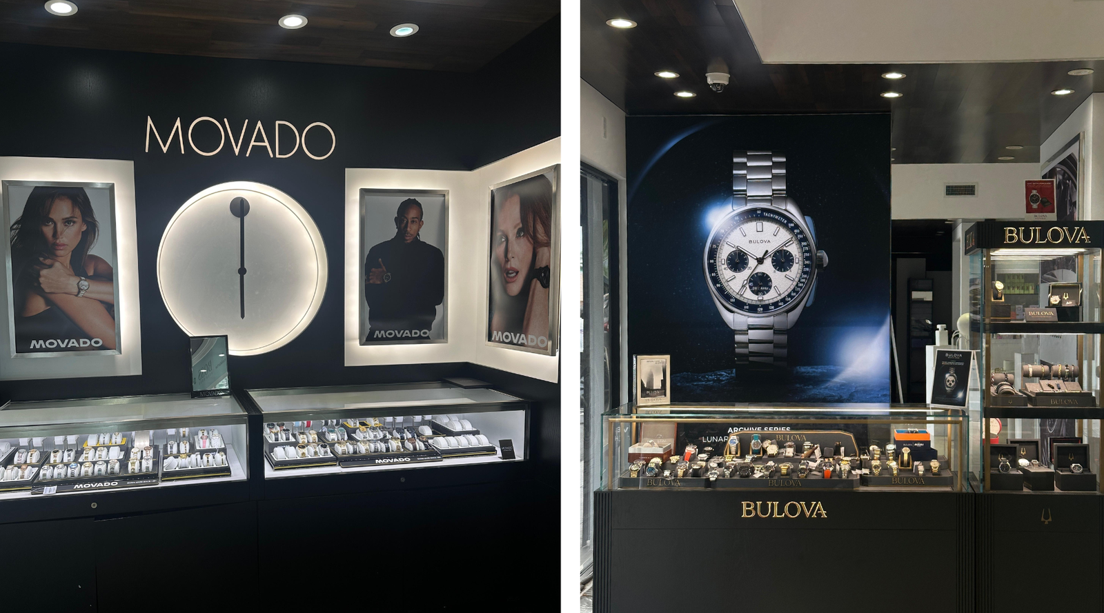 A jewelry store display showing Movado watches on the left, with posters and illuminated branding, and Bulova watches on the right, with a large watch poster and multiple watches in glass cases.