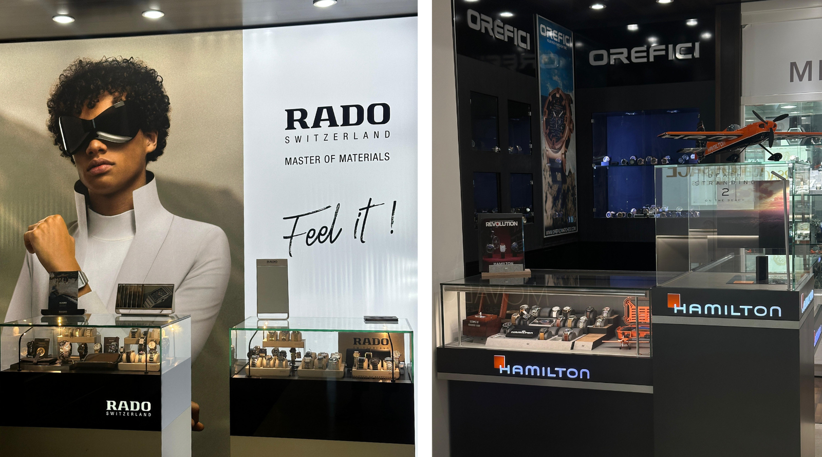 A watch store display featuring RADO and Hamilton watch counters. The left side has a RADO poster with a model in sunglasses and watches displayed below. The right side shows Hamilton watches in glass cases.