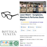 Collage featuring Lexor Miami’s Google listing, black acetate eyeglasses, Bottega Veneta Sunglasses logo, and a Google reviews badge. The listing highlights women’s eyeglass frames and sunglasses—including the featured Bottega Veneta BV1229OA-001 52 Optical Frame WOMAN—along with reviews, store hours, contact information, and photos of the storefront.