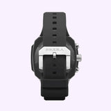 A black Brera-Orologi BRSS2C4601 ‘Supersportivo’ Square Chronograph Rubber Strap Watch by Brera Orologi Watches, featuring a silver buckle engraved with BRERA, is shown from the back against a light background.