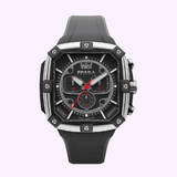 A Brera Orologi Watches BRSS2C4601 ‘Supersportivo’ Square Chronograph Watch features a bold black and silver square face with multiple dials, a striking red second hand, and a sleek black rubber strap, standing out against a light background and capturing the sophisticated essence of Italian design.