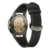 Back view of a Bulova 98A162 Curv Chronograph Black Dial Men Watches featuring a black rubber strap and an exhibition case back revealing the inner movement.