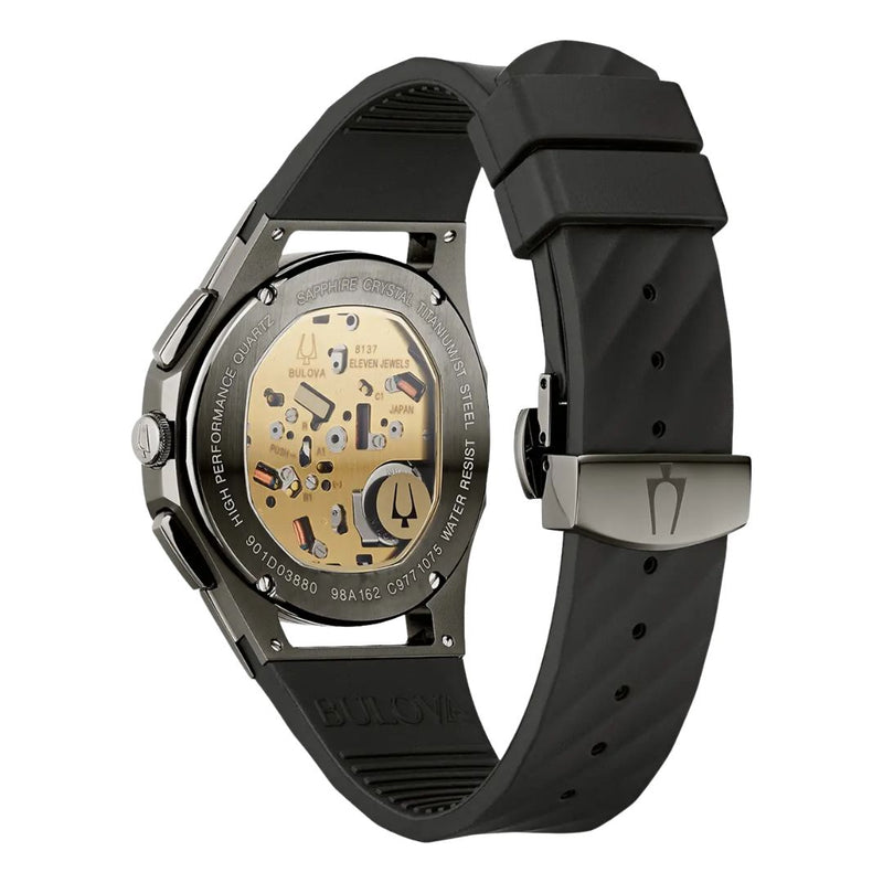 Exhibition case back of the Bulova 98A162 CURV Chronograph showing the curved quartz movement