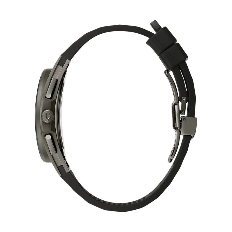 Side profile of the Bulova 98A162 CURV Chronograph showing the curved dark gray case and black rubber strap