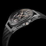 Bulova 98A162 Curv Chronograph Men’s watch with a black dial, rose-gold hands and hour markers, and a textured black rubber strap.