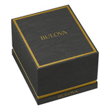 Black rectangular box for a Bulova 98A162 Curv Chronograph Men Watch, featuring gold trim and gold lettering on the lid and front base.