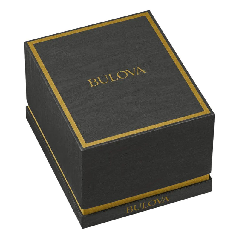 Original Bulova presentation box with gold trim for the 98A162 CURV Chronograph