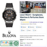 Bulova 98A162 Curv Chronograph Black Dial Men Watches with a dark grey textured dial and black silicone strap displayed next to a store business profile for Lexor Miami.