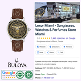 A Bulova Watches Longhorn 96A334 Limited Edition automatic watch with a brown leather strap is shown next to a Google business listing for Lexor Miami, a luxury retailer of sunglasses, watches, and perfumes.