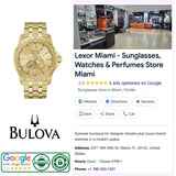 A Bulova Watches Marine Star 97A200 men’s automatic watch in gold-tone stainless steel, featuring the Bulova Watches logo, Google ratings, and Lexor Miami store details—including its address, hours, and phone number—alongside a showroom photo displaying sunglasses and perfumes.