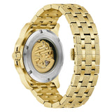 The Bulova Watches Marine Star 97A200 is a gold-tone stainless steel men’s automatic wristwatch featuring an exhibition case back that reveals the intricate automatic movement. Its bracelet combines polished and textured gold-toned links, while the case back is marked “water resistant 200m” and “stainless steel.”.