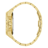 Profile view of the Bulova Watches Marine Star 97A200 men’s automatic watch from Bulova Watches, highlighting its gold-tone stainless steel bracelet with visible crown and clasp. The watch face remains hidden, displaying only the side profile of the case and band against a white background.