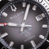 Close-up of the Bulova Watches Marine Star 98B465 men’s watch face displaying the date at 13, with silver hour markers and hands. The text “200m” and “AUTOMATIC” appears above the 6 o’clock position, highlighting the refined craftsmanship of this Bulova Watches automatic dive timepiece.