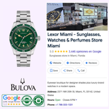 A Bulova Watches Caravelle Sea Hunter 43B179 is shown next to a Google search for Lexor Miami, a sunglasses, watches, and perfume store in Miami displaying its info, address, ratings, hours, and certifications.