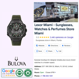 A Bulova Watches 98B355 Precisionist men’s watch beside a Google review for Lexor Miami, a Miami store offering sunglasses, men’s watches, and perfumes, with ratings, store details, and brand logos shown.
