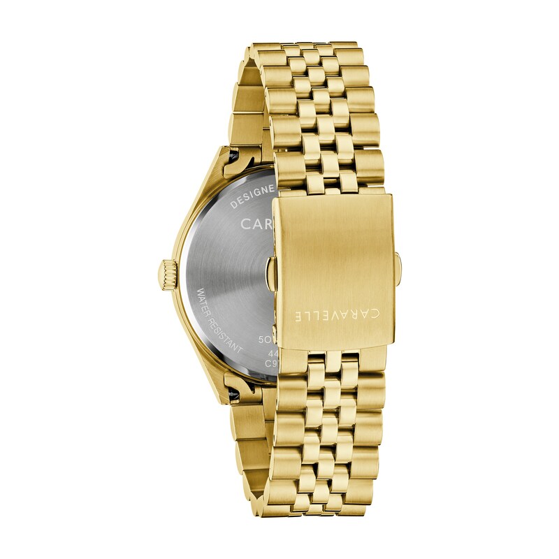 The Bulova Watches Classic 44B132 is a gold-tone men’s wristwatch featuring a metal link bracelet and clasp, with an engraved case back displaying detailed specifications—an elegant model from Bulova Watches.