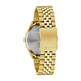 The Bulova Watches Classic 44B132 is a gold-tone men’s wristwatch featuring a metal link bracelet and clasp, with an engraved case back displaying detailed specifications—an elegant model from Bulova Watches.