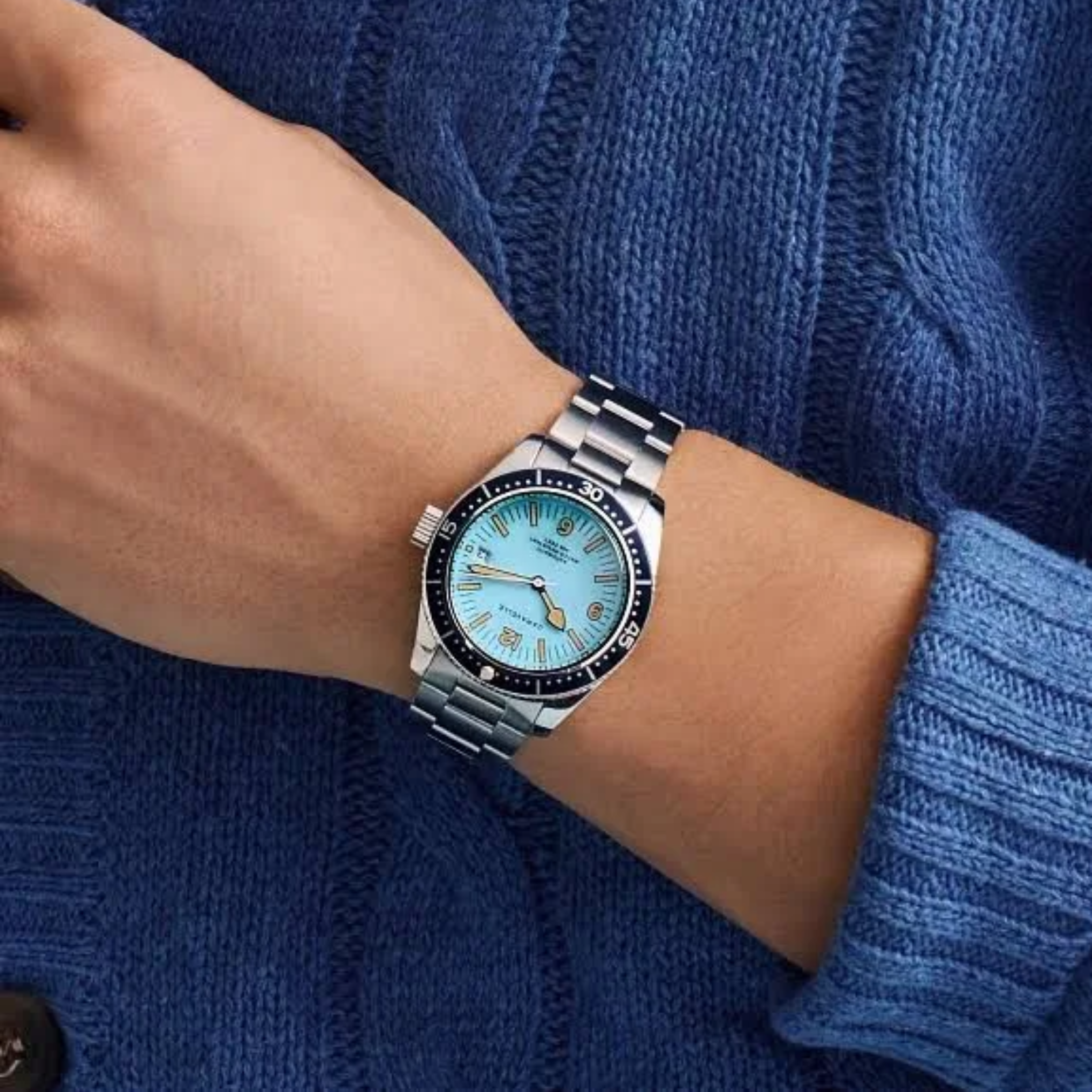 Bulova Caravelle 43B178 automatic watch wrist shot on male wrist 45.5mm lug-to-lug