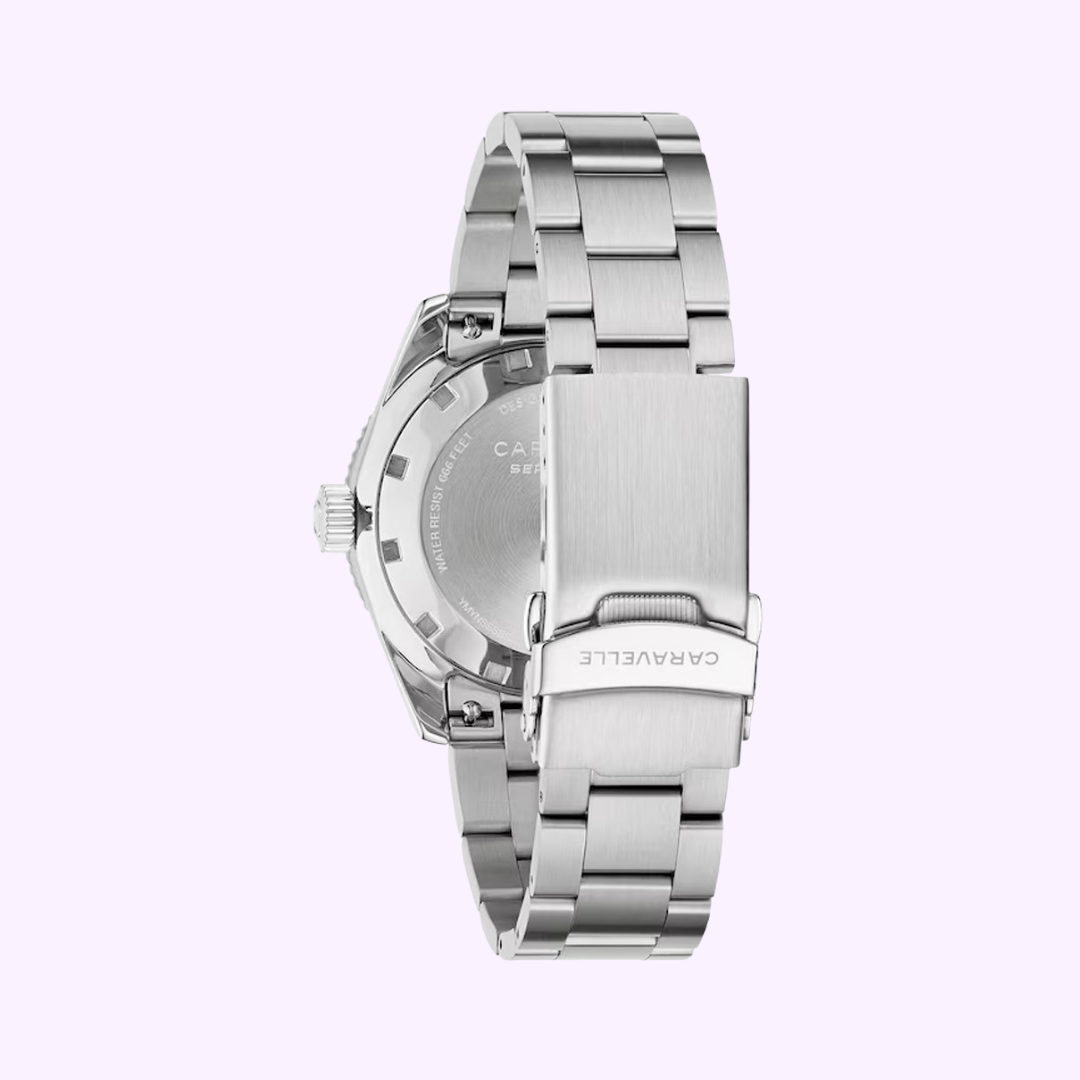 Bulova Caravelle Sea Hunter 43B178 side profile showing domed mineral crystal and screw-down crown
