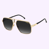 The Carrera Sunglasses CARRERA 1055/S 02M2 9O 62/15 145 feature gold frames, black gradient square lenses, and sleek black arms, beautifully displayed on a light lavender background—these men’s designer sunglasses exemplify the enduring elegance of black and gold eyewear.