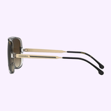 Side view of the CARRERA 1055/S 02M2 9O 62/15 145 Sunglasses by Carrera Sunglasses in black and gold, featuring gold arms, black curved temple tips, and translucent gray frames against a light purple background. The CARRERA logo is displayed on the arm near the hinge, showcasing these men’s designer sunglasses.