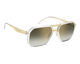 Carrera Sunglasses VICTORY C 27/S REJ CRYS GOLD feature clear square frames, gold temples and bridge, gradient dark lenses, and a subtle Carrera logo—offering a blend of classic style and modern flair.