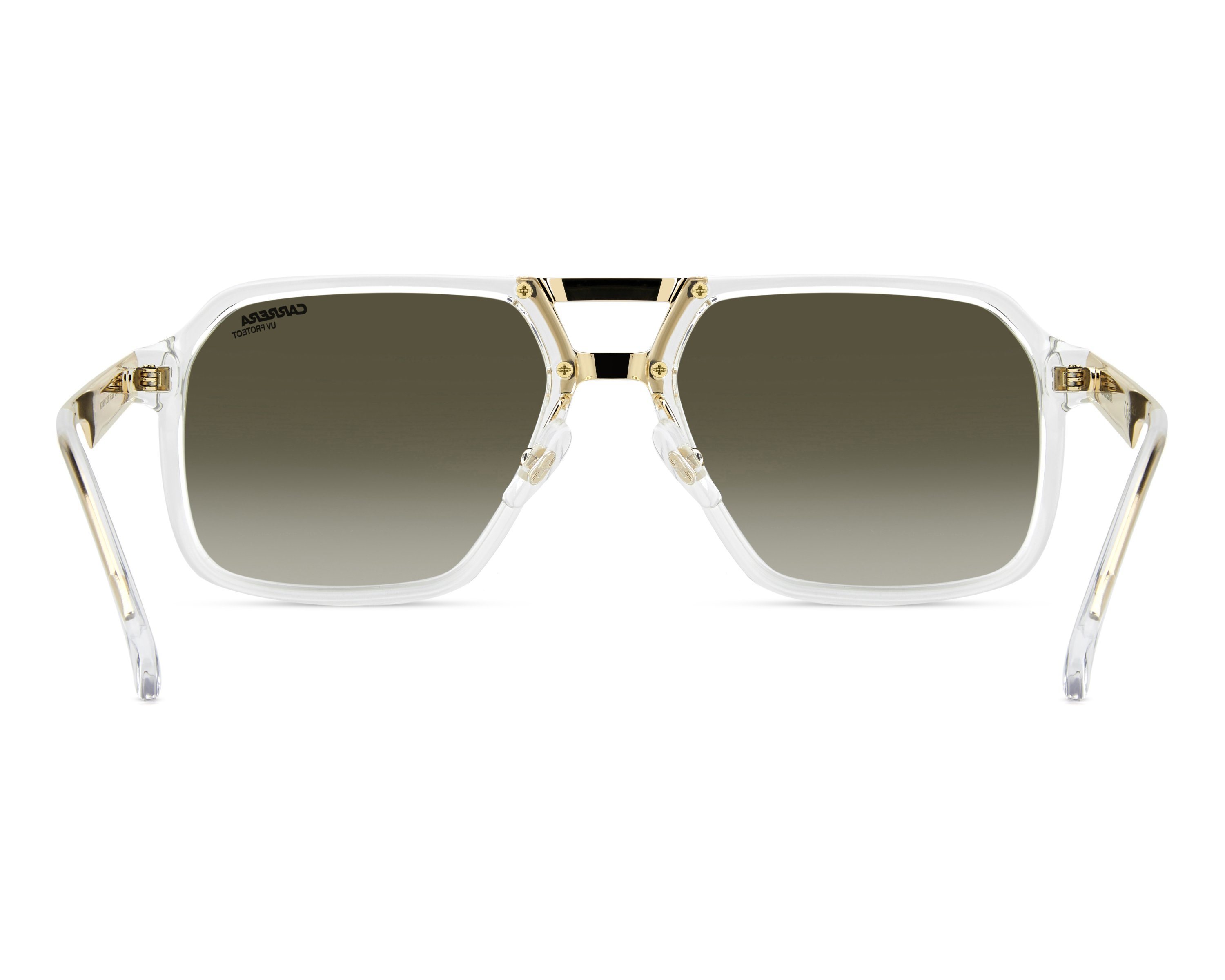 Front view of Carrera Sunglasses VICTORY C 27/S REJ CRYS GOLD with transparent frames, gold accents, and dark gradient lenses on a white background—a sleek update to the Carrera Sunglasses collection.