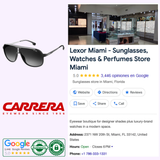 Carrera Sunglasses CA GLORY II (UPC 762753988959) is a black aviator model with dark lenses and the Carrera logo on the frame. The LEXOR MIAMI and CARRERA Eyewear since 1956 logos are shown above and below the sunglasses.