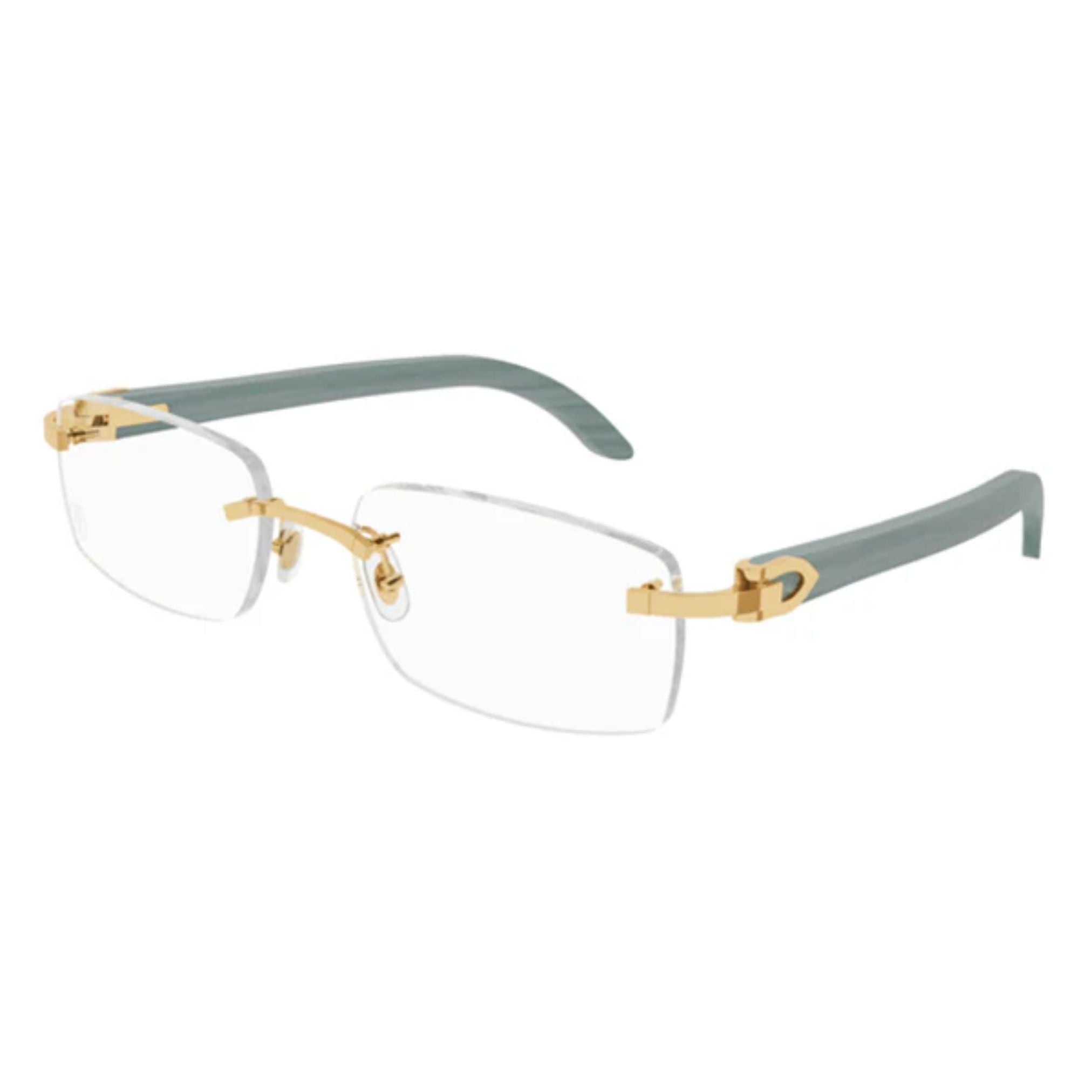 Cartier CT0052O-010 53 mm unisex optical frame featuring gold-tone metal rimless design with clear demo lenses and adjustable nose pads