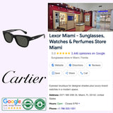Collage featuring a black pair of Cartier CT0277S-001 Men Acetate Sunglasses, Cartier Sunglasses logo, shop interior, store information, and review ratings for Lexor Miami—a premier destination for Cartier men’s acetate sunglasses in Miami, Florida.
