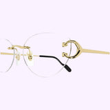 The Cartier Optical Frames CT0487O-001 57 by Cartier Sunglasses exude modern elegance with their minimalist rectangular full-rim design and luxurious gold horseshoe-shaped detail at the temples. Featuring thin, clear lenses and sophisticated black and gold earpieces, these eyeglasses are set against a pale lavender background, reminiscent of high-end luxury eyewear.