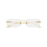 Cartier Optical Frames CT0581O-007 featuring rimless rectangular lenses, gold-tone metal accents, and cream-colored temples.