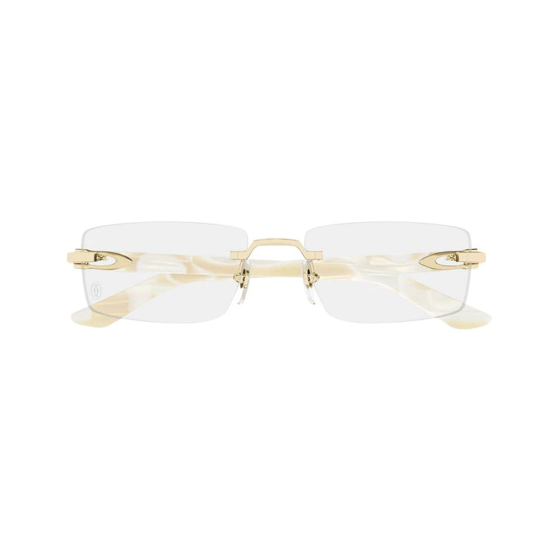 Cartier CT0581O-007 gold and ivory optical frames with rimless rectangular lenses and cream-colored temples