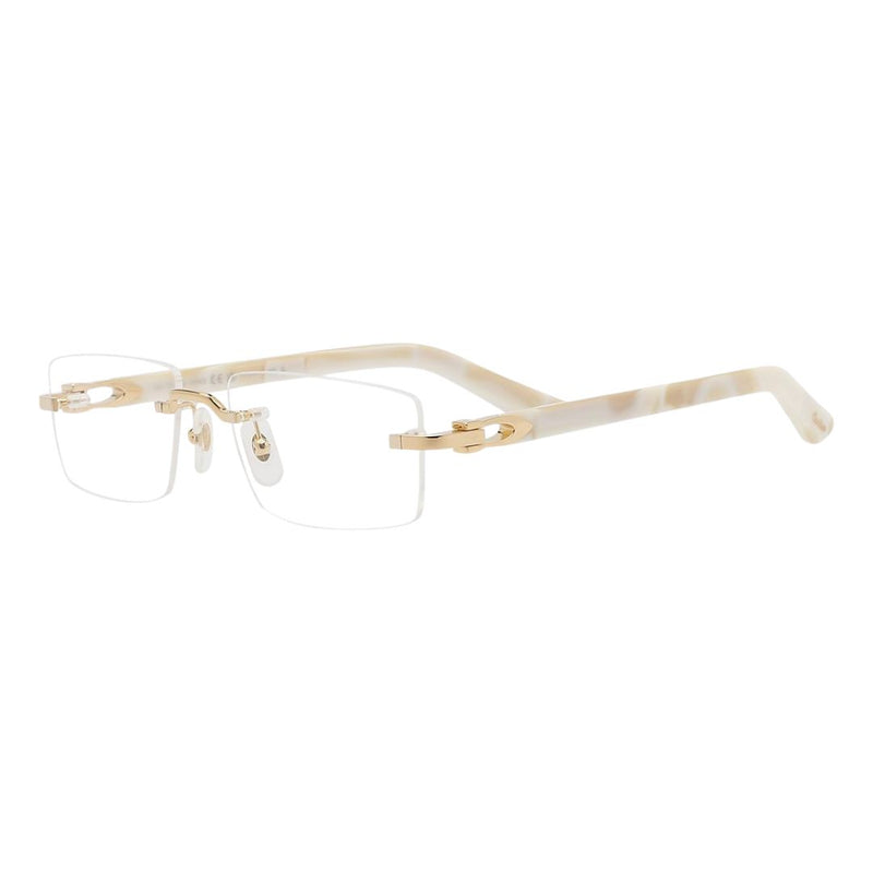 Cartier CT0581O-007 optical frames showing gold hinges and translucent marbled cream temples