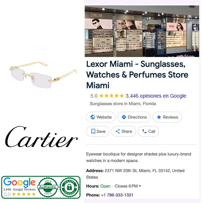 Close-up of Cartier CT0581O-007 rimless eyeglasses with gold temples and decorative C Decor hinge detail