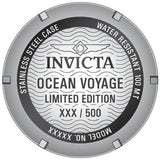 The round case back of the Invicta 32554 Pro Diver Men's Watch is engraved with "INVICTA OCEAN VOYAGE LIMITED EDITION XXX/500," "STAINLESS STEEL CASE," "WATER RESISTANT 100 MT," and features wave patterns plus a winged logo.