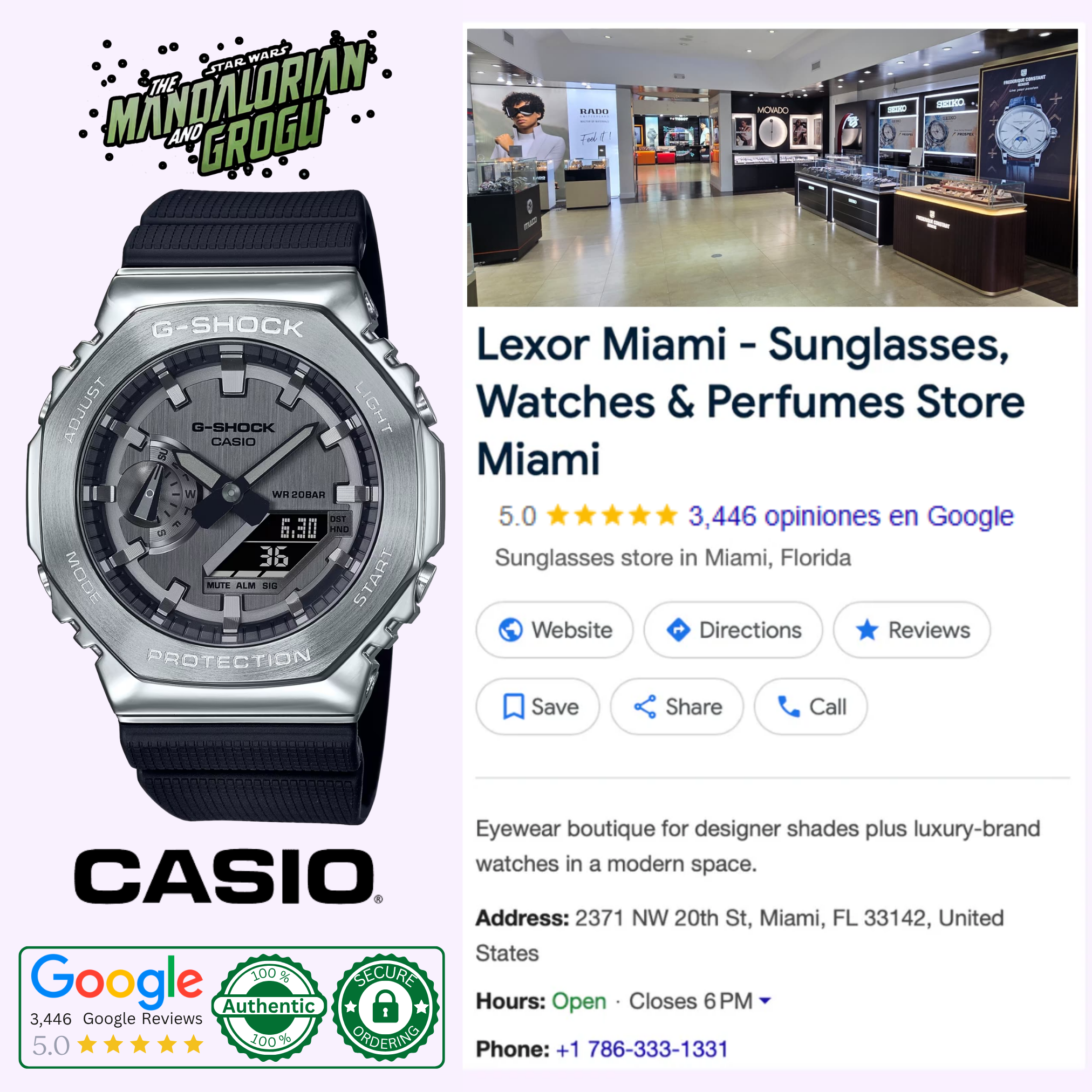 Casio G-Shock GM-2100-1ASW displayed on exclusive magnetic Bounty Hunter ID card watch stand, Star Wars collector edition
