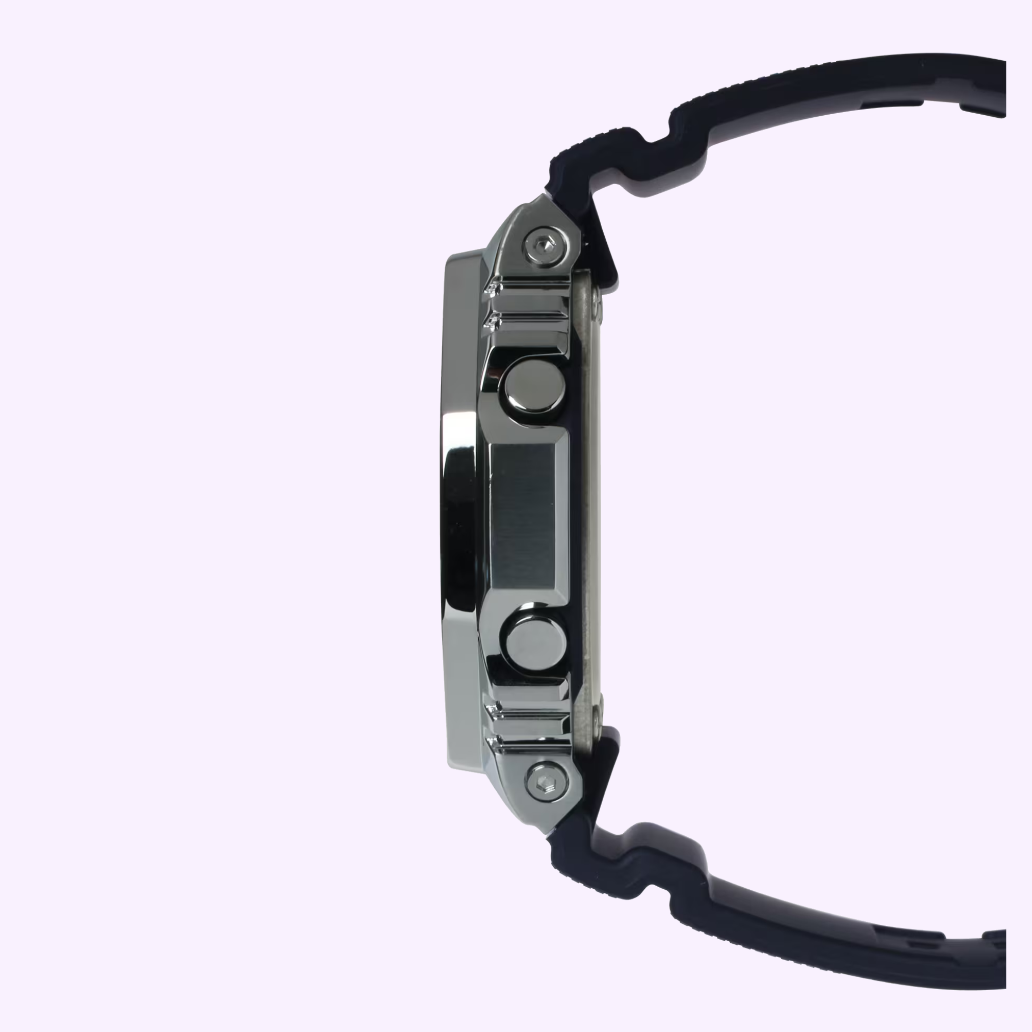 Casio G-Shock GM-2100-1ASW side view showing stainless steel case buttons and slim 11.8mm profile on purple background
