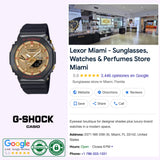 Featuring the CASIO G-SHOCK ANALOG-DIGITAL GBM2100RH-1A (889232379517) from G-Shock Watches, including the Rui Hachimura Signature edition, alongside images of the Lexor Miami store interior, store details, Google reviews, certifications, and contact information for a Miami shop specializing in sunglasses, watches, and perfumes.