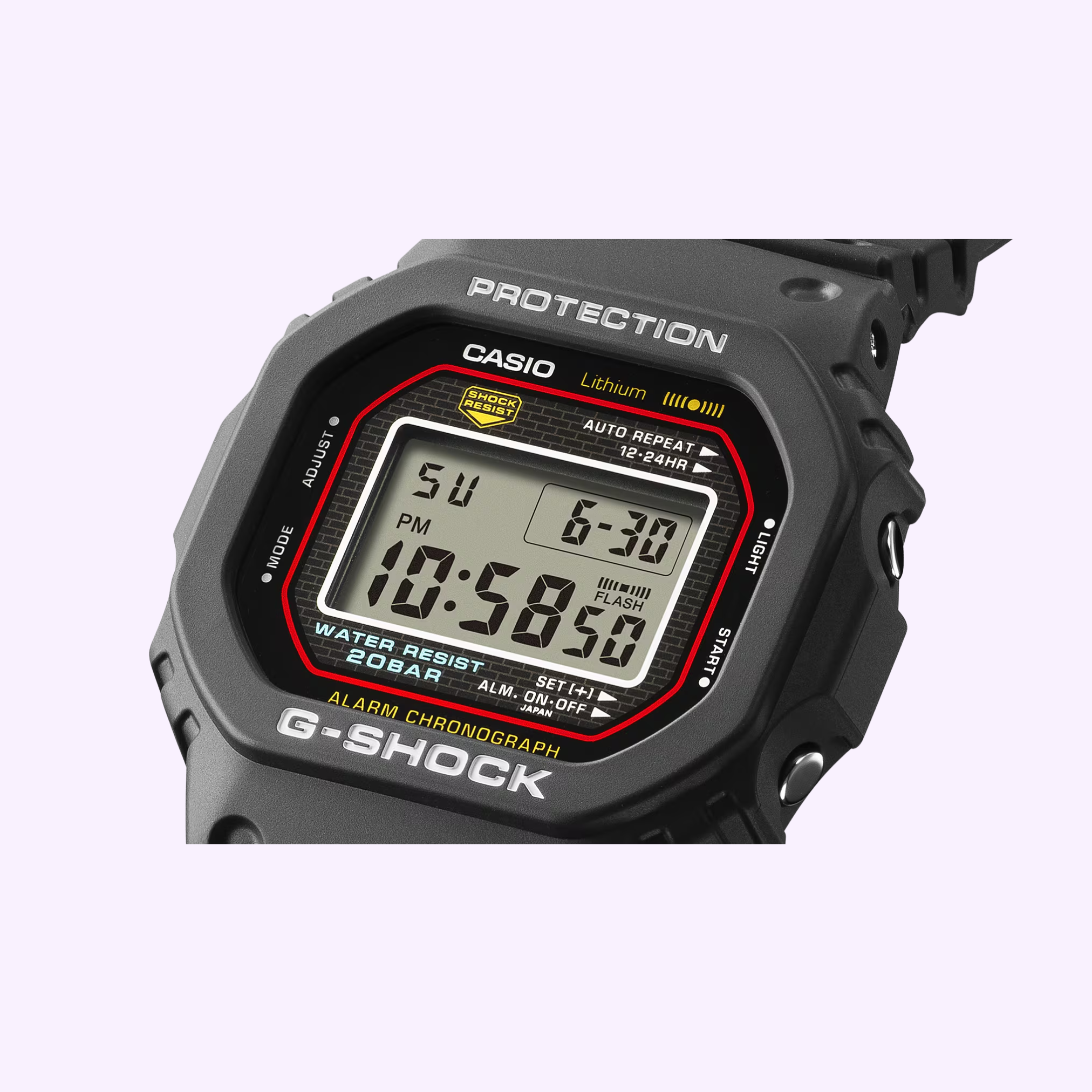Casio G-Shock DW5000R-1A men's digital watch with black bio-based resin band, stainless steel case, 200M water resistance, shock-resistant construction, LED illumination, stopwatch, alarm, and vintage-inspired square design recreated from the original 1983 G-Shock model.