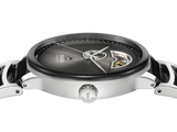 A close-up side view of the Rado Watches R30012152 Centrix Automatic Open Heart, showcasing its metallic case, black dial with visible movement, antimagnetic Nivachron hairspring, 80-hour power reserve, and the Rado anchor logo.