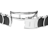 Close-up of the Rado Watches R30012152 Centrix Automatic Open Heart bracelet, featuring black ceramic links and a stainless steel clasp in an open position on a white background, showcasing its 80-hour power reserve.