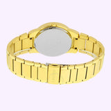 The Citizen AU1062-56E Axiom Eco-Drive Gold Stainless Steel Strap Men’s Watch by Citizen Watches is shown from the back, featuring a stainless steel case back and a gold-tone metal link band with a clasp. This sophisticated men’s watch blends the minimalist design of the Axiom collection with Eco-Drive advanced technology, making it an excellent choice for those who appreciate timeless style.